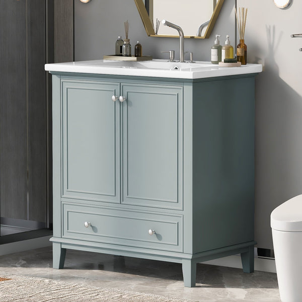 English Elm 30" Bathroom Vanity with Sink — Modern Freestanding 30" Cabinet with Ceramic Top, Drawer, Doors, Shelf Green N725P221263C