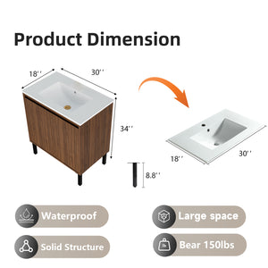 English Elm 30 Inch Bathroom Vanity with Sink — Floor-Standing Stability, Soft-Close Drawers, Ample Storage, Durable Finish Walnut 35.47 L x 8.07 W x 21.85 H W3520S00013