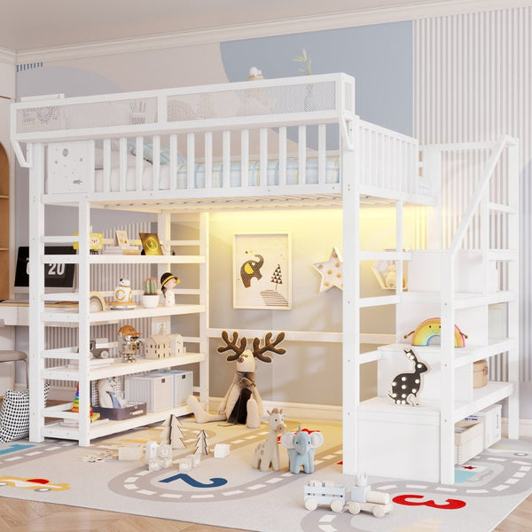 English Elm Full Metal Loft Bed with Stair Storage Rgb Lighting and Charging Station for Teens White W2580S00075