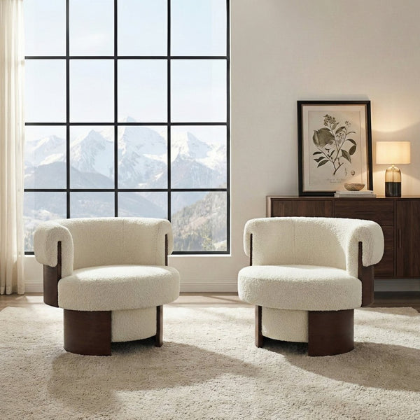 English Elm Modern Sculptural Barrel Swivel Chair Set of 2 with Bentwood Back for Living Room Beige N760S0000060A
