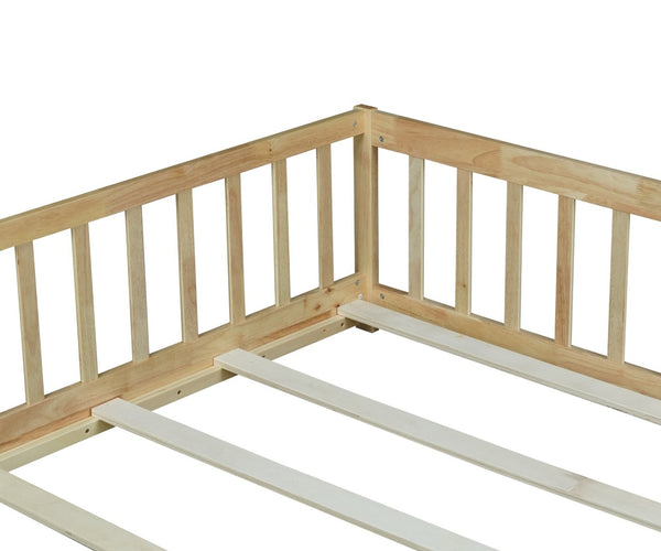 English Elm Full Size Rubber Wood Floor Bed with Surrounding Fence Door and Safety Guardrails W504P370522