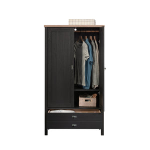 English Elm Armoire, Sleek Black Storage Solution With Adjustable Shelves For Compact Living Spaces & Style B356P402654