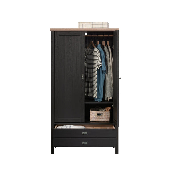 English Elm Armoire, Sleek Black Storage Solution With Adjustable Shelves For Compact Living Spaces & Style B356P402654