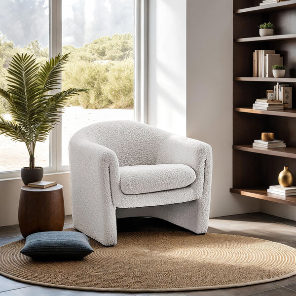 English Elm White Boucle Accent Chair U-Shaped Compact Modern Design Curved Arms Minimalist Living Room 33" B2741P391213