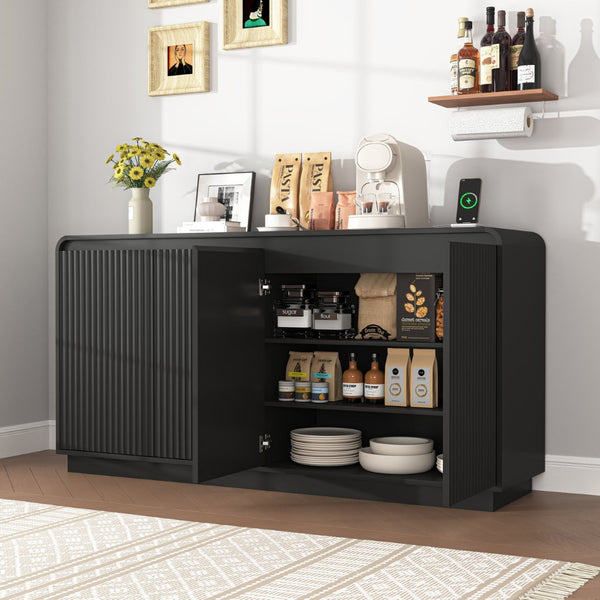 English Elm Black Fluted Wave Door Media Console with Built-in Power Outlet and Adjustable Shelving Black W409P452057