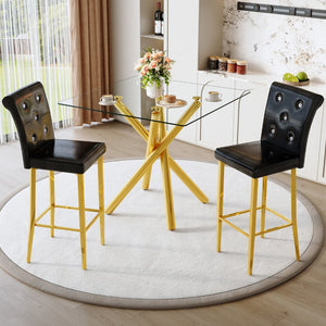 English Elm Modern Tempered Glass Pub Set with Gold Chrome Base and Black Pu Leather Stools W3875S00039