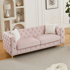 English Elm Fx Chesterfield Velvet Sofa with Diamond Tufting Polished Legs and Accent Pillows Pink W1926S00082