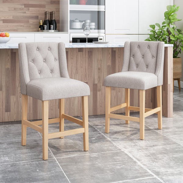 English Elm Christopher Knight Home® - Vienna Tufted Wingback Counter Stools Set of 2 — Elegant Fabric Seating, Button-Tufted Comfort, Durable Rubberwood Frame Light Grey+Natural 64853.00LGRY