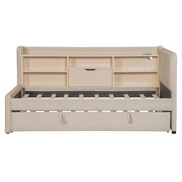 English Elm Twin Upholstered Daybed with Pull-Up Trundle, Velvet High Back with Shelves, Flip Storage & USB Beige SF000194AAA