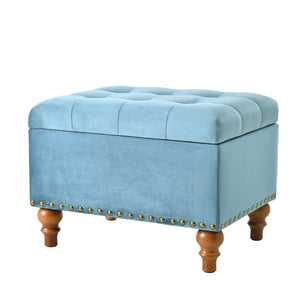 English Elm Square Velvet Ottoman with Storage, Cream Upholstery, Child-Safe Hinge, Rivet Trim, Solid Wood Feet, Compact Comfort Light Blue W2941P242272