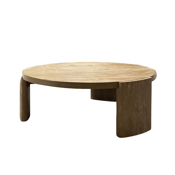 English Elm Modern Round Coffee Table 42" DIA x 15" H Oak Finish Plinth Base Rubberwood Modern Living Accent B2741P360632