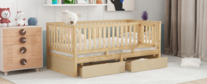 English Elm Twin Pinewood Daybed with Fence Guardrails Two Storage Drawers and Split Floor Bed Natural LP200881AAN