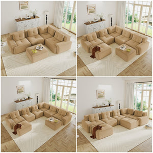 English Elm Modern Corduroy Sectional Sofa Deep Seat V Shape Tufted Couch with Movable Ottoman Camel W714S01588