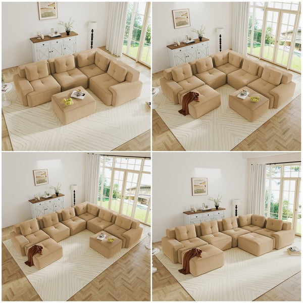 English Elm Modern Corduroy Sectional Sofa Deep Seat V Shape Tufted Couch with Movable Ottoman Camel W714S01588