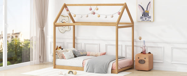 English Elm Twin Size Wooden House Bed with Pine & MDF Frame, Low Height Safety Design, Easy Assembly, 400lb Capacity N716P227423D