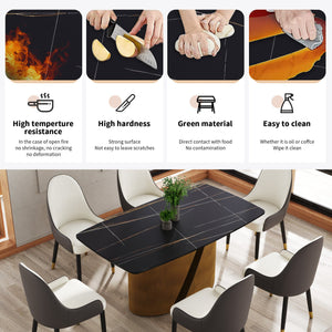 English Elm 63" Modern Sintered Stone Dining Table With Curved Black Panel And Bronze Iron Legs For 6-8 People W1535S00358