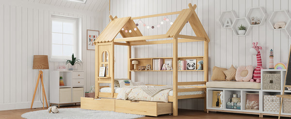 English Elm Twin House Platform Bed with Drawers & Shelves, Solid Wood Playhouse Frame for Kids, Cozy Design Natural W1580S00266