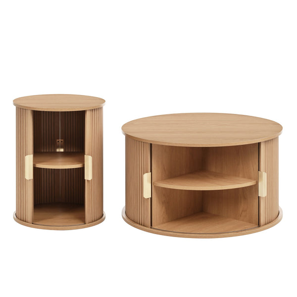 English Elm [Assembly Mid-Century Coffee Table Set with Tambour Sliding Doors, Fluted Round End Table, Gold Handles, Versatile Storage and Stylish Wooden Finish Natural N721P351940D
