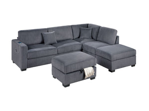 English Elm Dark Gray Wide-Welt Corduroy Sectional Sofa 3pc L-Shaped Reversible Chaise w/ USB Storage Ottoman B011S01771