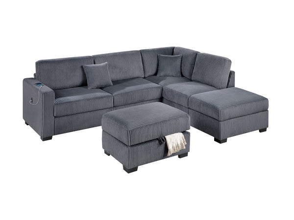 English Elm Dark Gray Wide-Welt Corduroy Sectional Sofa 3pc L-Shaped Reversible Chaise w/ USB Storage Ottoman B011S01771