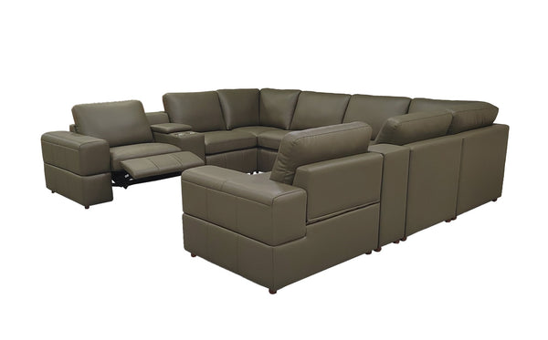 English Elm Premium Leather Match L-shaped Sectional with Dual Recliners and Built-in Console Olive Green B2748S00162
