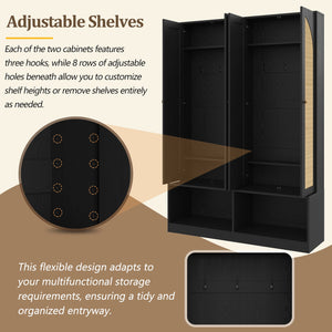 English Elm [Assembly Video] Farmhouse Widen Hall Tree with Rattan Doors, 4-in-1 Bench with 6 Hooks, Shoe Storage and Adjustable Shelves for Entryway (55.1") Black N721P297555B