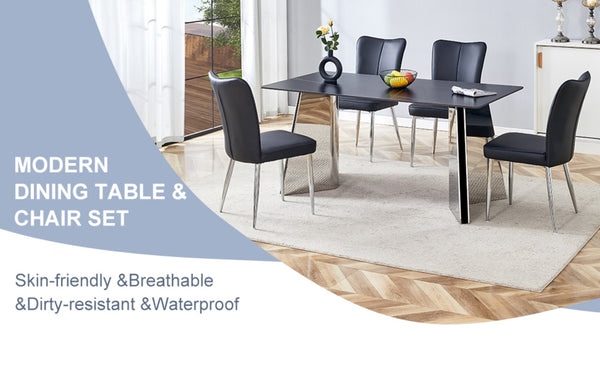 English Elm Table Set: Luxurious Black Marble-Patterned Top With Stainless Steel Legs & 4 Elegant Pu Dining Chairs W1151S01967-GIGA