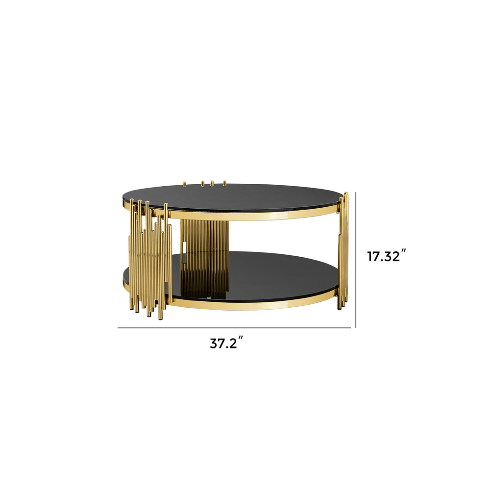 English Elm double double layer black tempered glass top round coffee table with gold stainless steel frame, versatile modern centerpiece for living room, office, or guest room W2723S00010