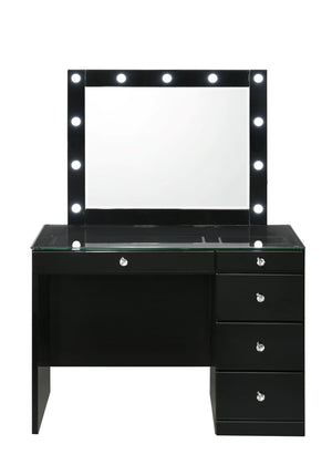 English Elm 3pc Sleek Makeup Vanity Set with Lighted Mirror, Glass Top, 5 Storage Drawers & Swivel Stool Black 46.97 L x 25.87 W x 2 H B2741S00137