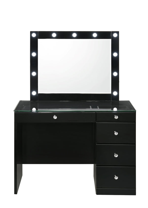 English Elm 3pc Sleek Makeup Vanity Set with Lighted Mirror, Glass Top, 5 Storage Drawers & Swivel Stool Black 46.97 L x 25.87 W x 2 H B2741S00137
