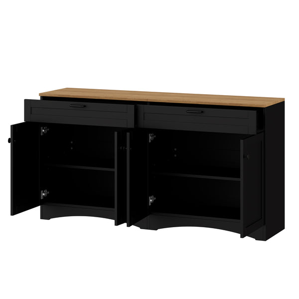 English Elm ON-TREND Farmhouse TV Stand 62.9" Rustic Wood-Grain Top with 2 Drawers, Adjustable Shelves, Stable Storage for Living Room Bedroom Dining Black N721P245732B