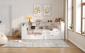 English Elm Wood Full Size Gaming Loft Bed with Integrated Desk, Shelves, LED Lighting & Hanging Clothes Rack Beige+White N7090001047K