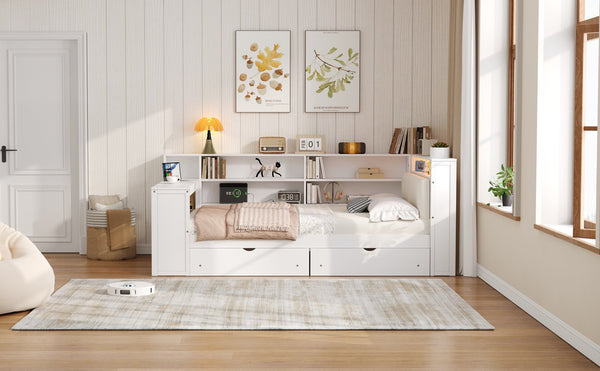 English Elm Wood Full Size Gaming Loft Bed with Integrated Desk, Shelves, LED Lighting & Hanging Clothes Rack Beige+White N7090001047K