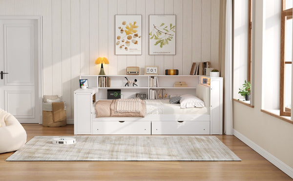 English Elm Wood Full Platform Bed with Led Headboard Built-in Desk Charging Station and Storage Shelves Beige+White N7090001047K-1