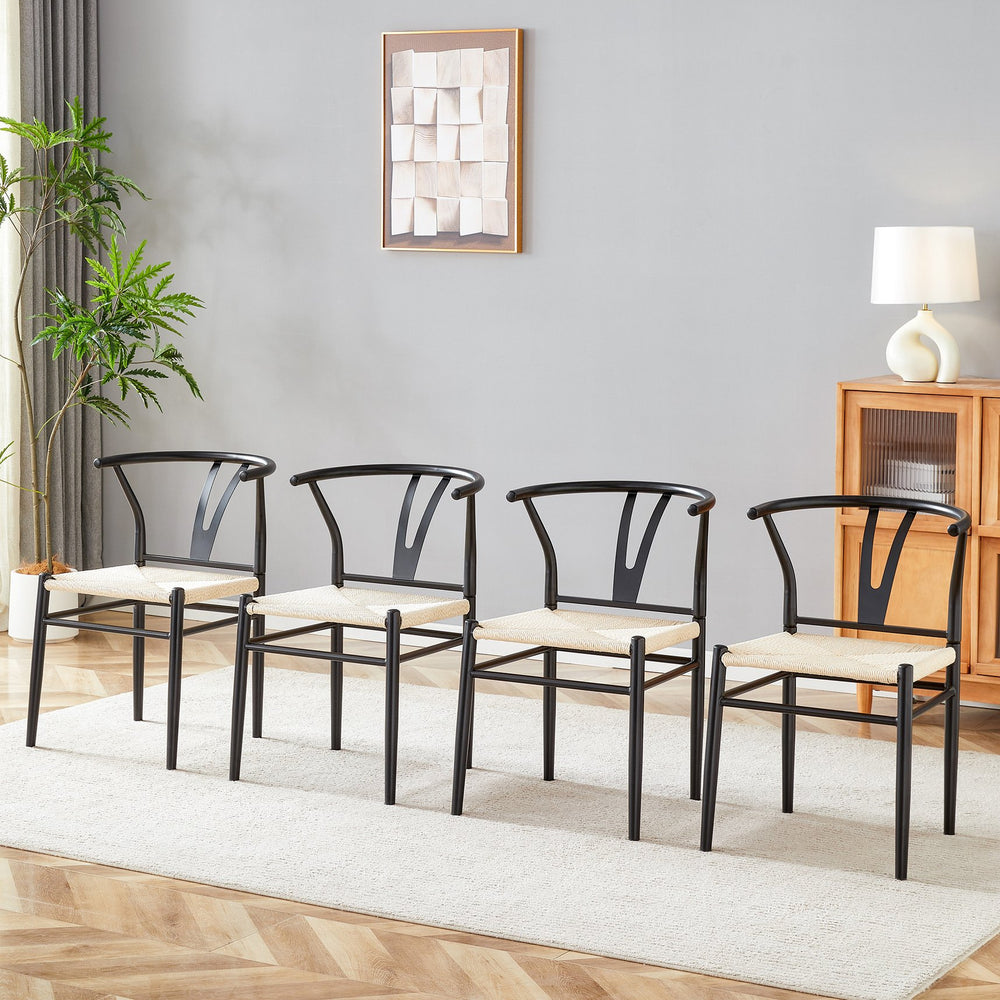 English Elm Wesborn Y-Shape Medieval Dining Chair Set of 4 — Black Iron Frame, Natural Rope Seat, Durable ErgonomicComfort W2920P278932