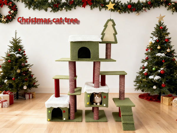 English Elm Wide Holiday Cat Tree Tower with Sisal Posts Tiered Perches and Festive Star Topper W243P382868