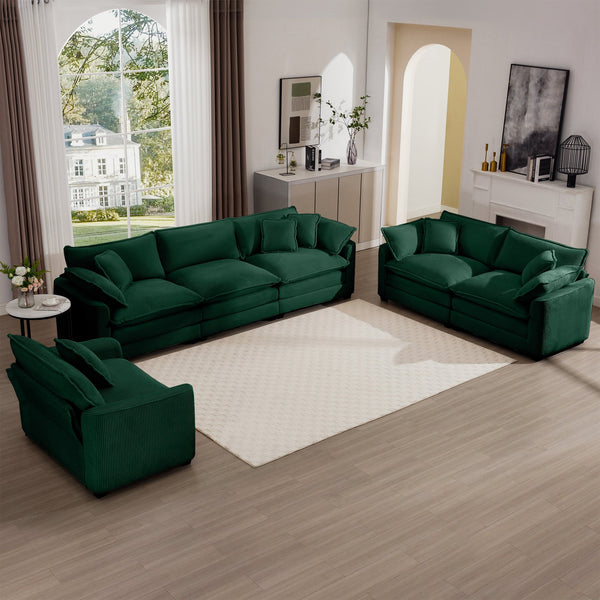 English Elm 3 Plush Corduroy Sectional Sofa with Deep Memory Foam Seats, Retro-Modern Design and Removable Arms for Ultimate Comfort Green W714S00807