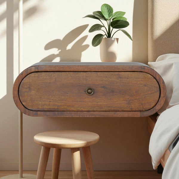 English Elm Wall-Mounted Chestnut Round Bedside Table with 1 Drawer, Solid Wood Floating Nightstand, 20.9x15.8x9.1" B182P166534