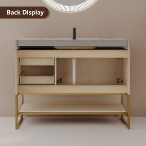English Elm 36" Freestanding Bathroom Vanity Sintered Stone Top Gold Hardware Wood Cabinet W3136S00055
