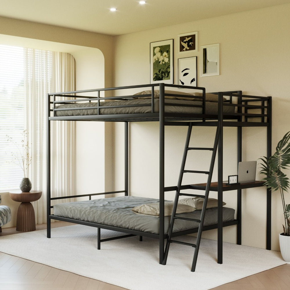 English Elm Black Full Size Loft Bed with Desk Led Lighting Charging Station and Storage Stairs Black W1671S00011