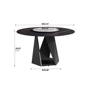 English Elm 53" Round Marble Dining Table With Lazy Susan, Black Iron Base, Seats 6 - Elegant & Durable Design W1535S00400