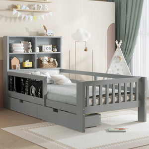 English Elm Twin Chalkboard Platform Bed with Drawers & Shelves, Solid Wood Kids Bed with Storage and Creative Headboard Grey W1580P362706