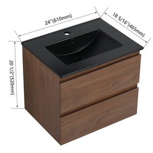 English Elm 24" Wall-Mounted Bathroom Vanity With Black Ceramic Sink & 2 Soft-Close Drawers For Stylish Storage W999S00193