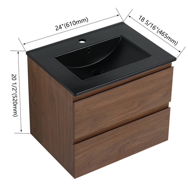 English Elm 24" Wall-Mounted Bathroom Vanity With Black Ceramic Sink & 2 Soft-Close Drawers For Stylish Storage W999S00193