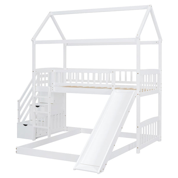 English Elm Twin Over Full Bunk Bed Playhouse Frame with Slide Staircase and Storage Drawers LT100129AAK