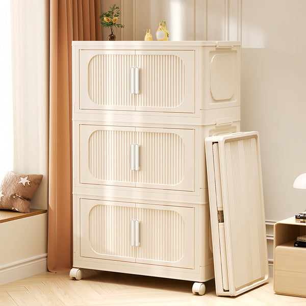 English Elm Cream 4-Tier Folding Storage Cabinet On Wheels – Versatile, Collapsible & Durable Organization Solution W2873P239387