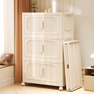 English Elm Cream White 5-Tier Folding Storage Cabinet With Magnetic Door & Wheels – Versatile Space-Saving Solution W2873P239386