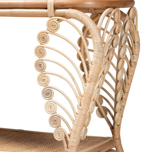 English Elm Bohemian Hand-braided Rattan Side Table with Open Shelf for Warm Organic Interiors B2750P467661
