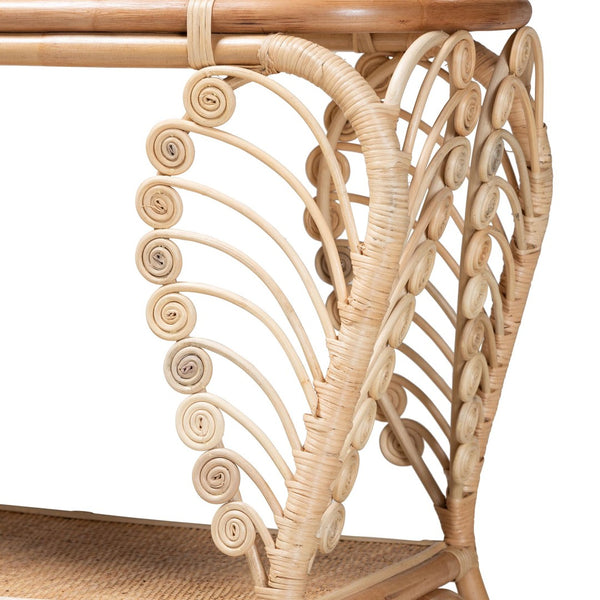 English Elm Bohemian Hand-braided Rattan Side Table with Open Shelf for Warm Organic Interiors B2750P467661