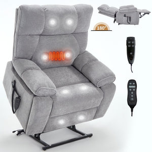 English Elm Beige Chenille Power Lift Recliner Dual Motor Massage Heat 350 Lb Capacity Gray W1803P264031